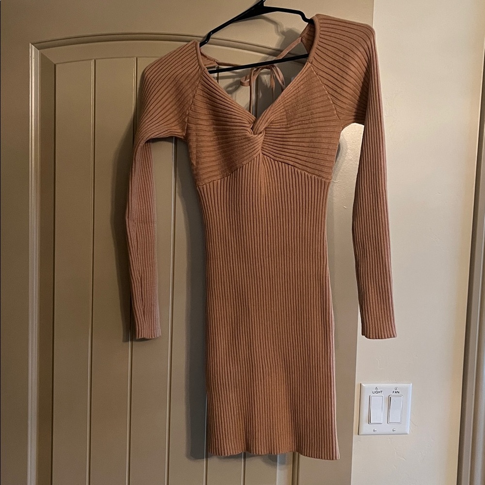 Chic Long Sleeve Tan Knit Dress